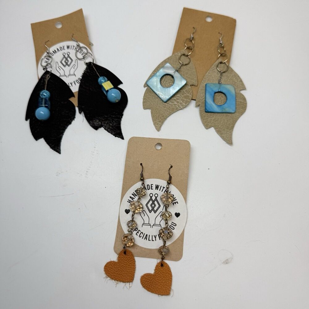 Handmade Cut Out Leather And Beaded Dangle Lightweight Earrings New 3 Pair Lot